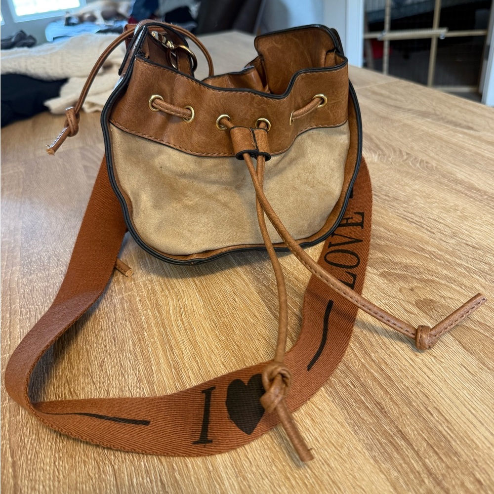 Suede and Leather Drawstring Bucket Bag in Brown and Cream extra small